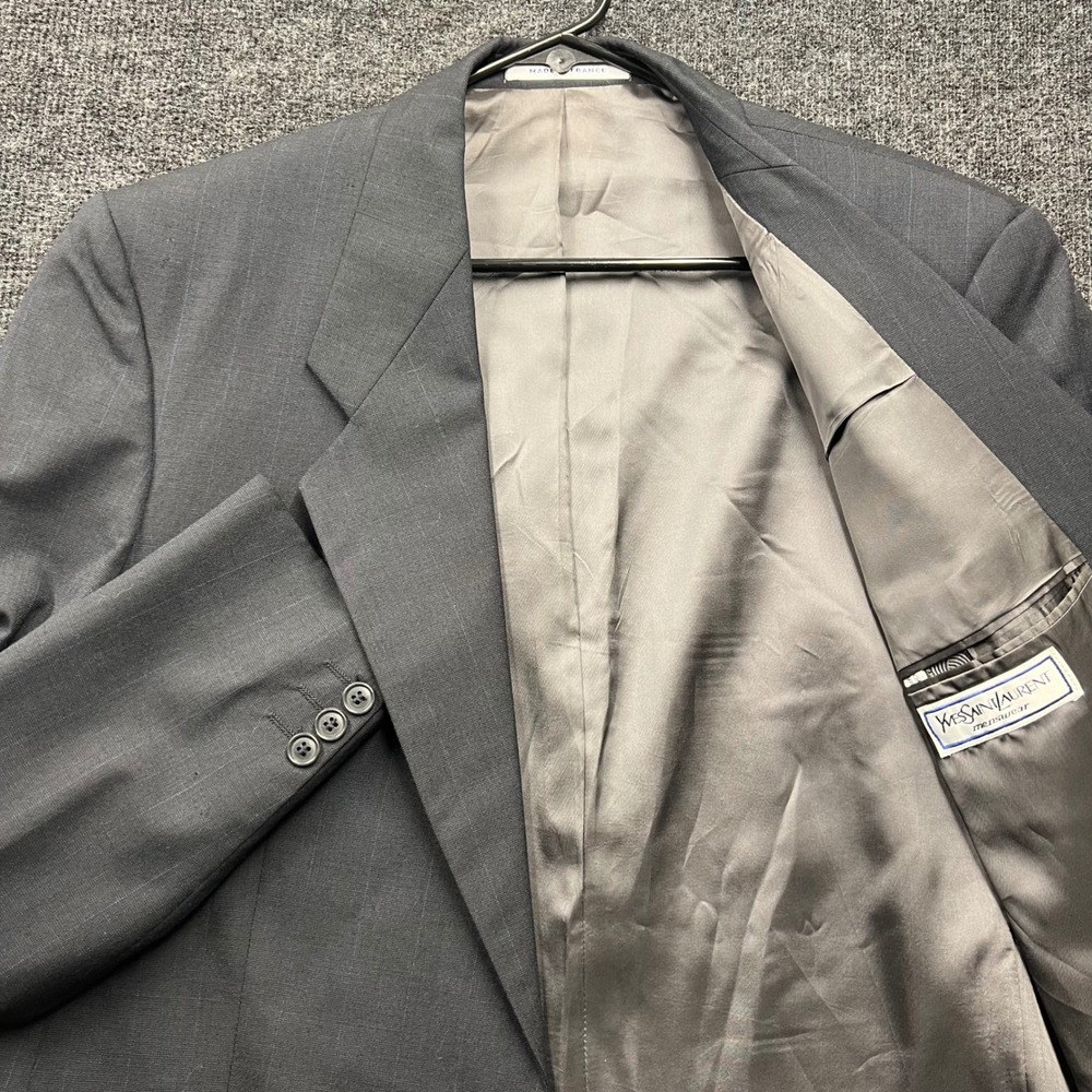 Yves Saint Laurent Menswear Gray Blue Plaid Wool Suit Jacket Blazer France